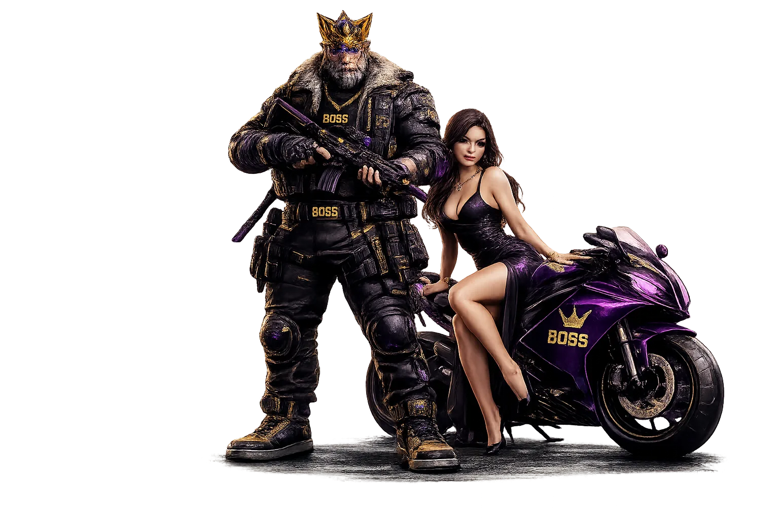 Personagens BOSS diante de uma motocicleta roxa