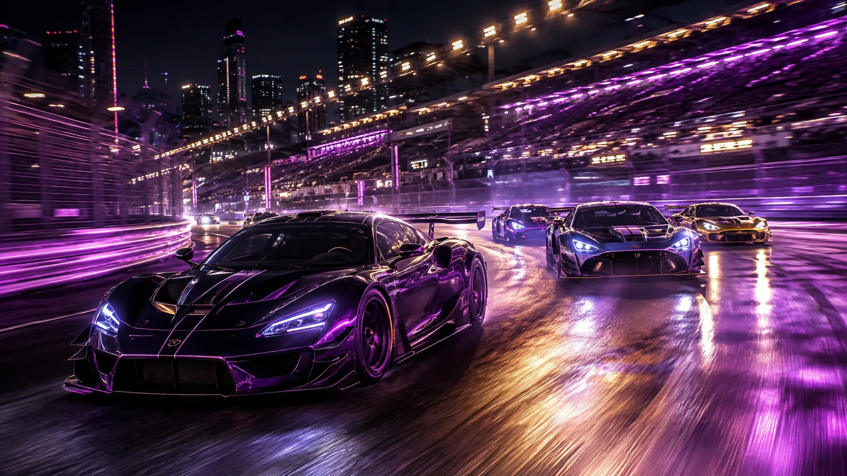 Evento noturno com vários carros de corrida na pista