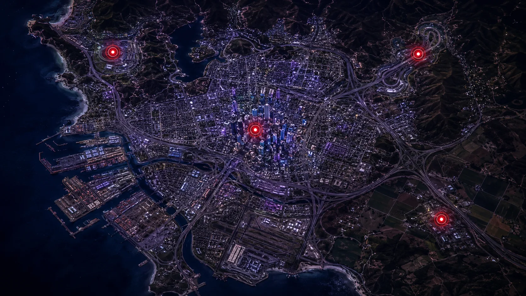 Mapa urbano BOSS com quatro localidades de roleplay destacadas
